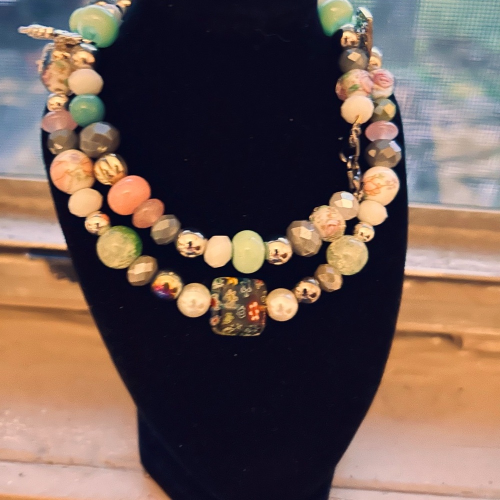 Handmade luxury beaded pastel colored necklace w pendant and charms